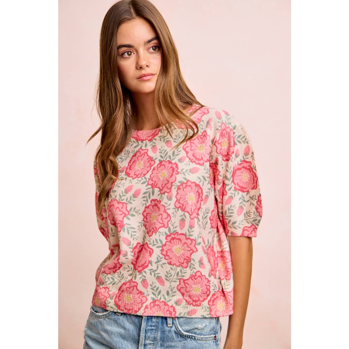BiBi - FLOWER PRINTED PUFF SLEEVES KNIT TOP