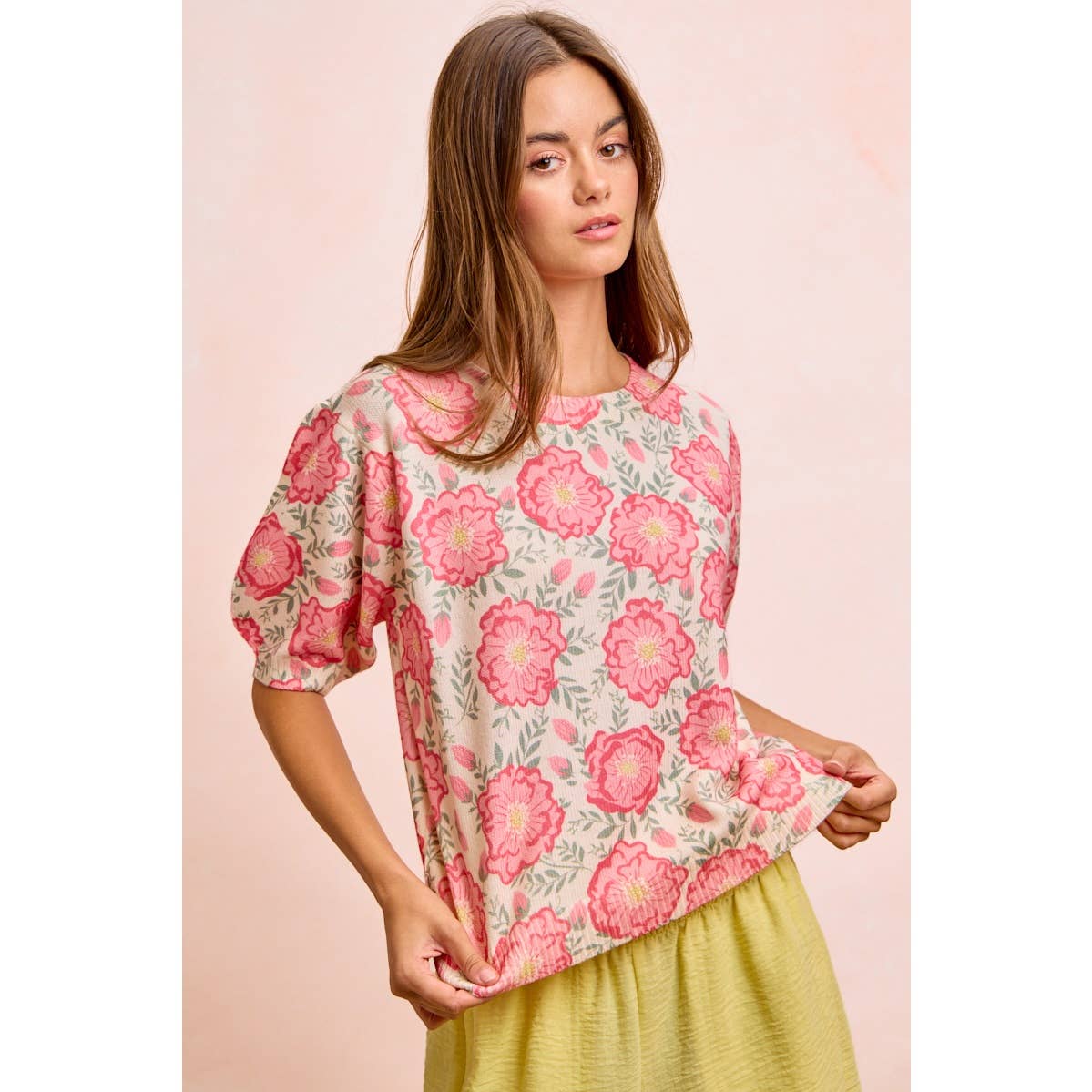 BiBi - FLOWER PRINTED PUFF SLEEVES KNIT TOP