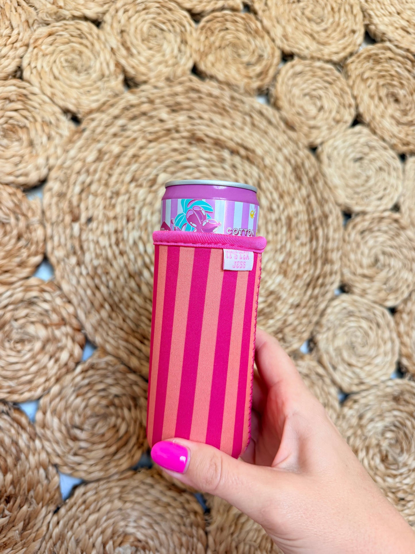 It's Tex Jess - Slim Can Sleeve-Orange and Pink Stripes