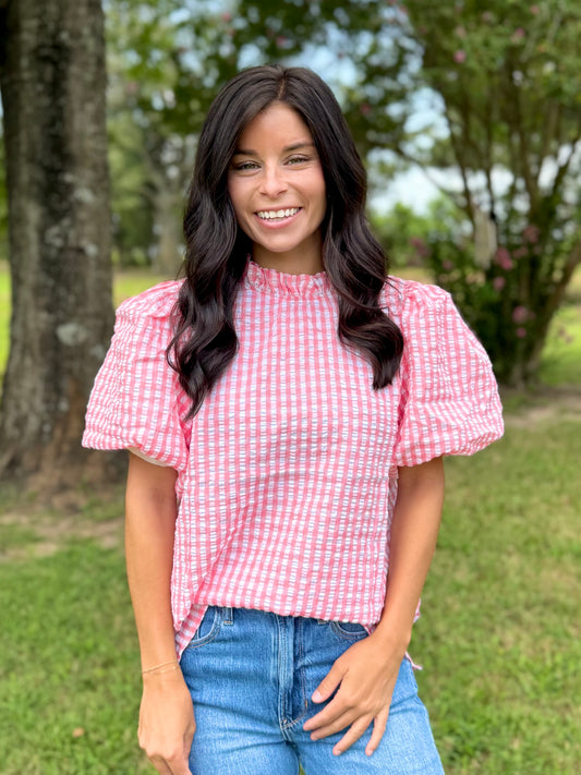 Chelsey Gingham Print Puff Short Sleeve Top- Peach