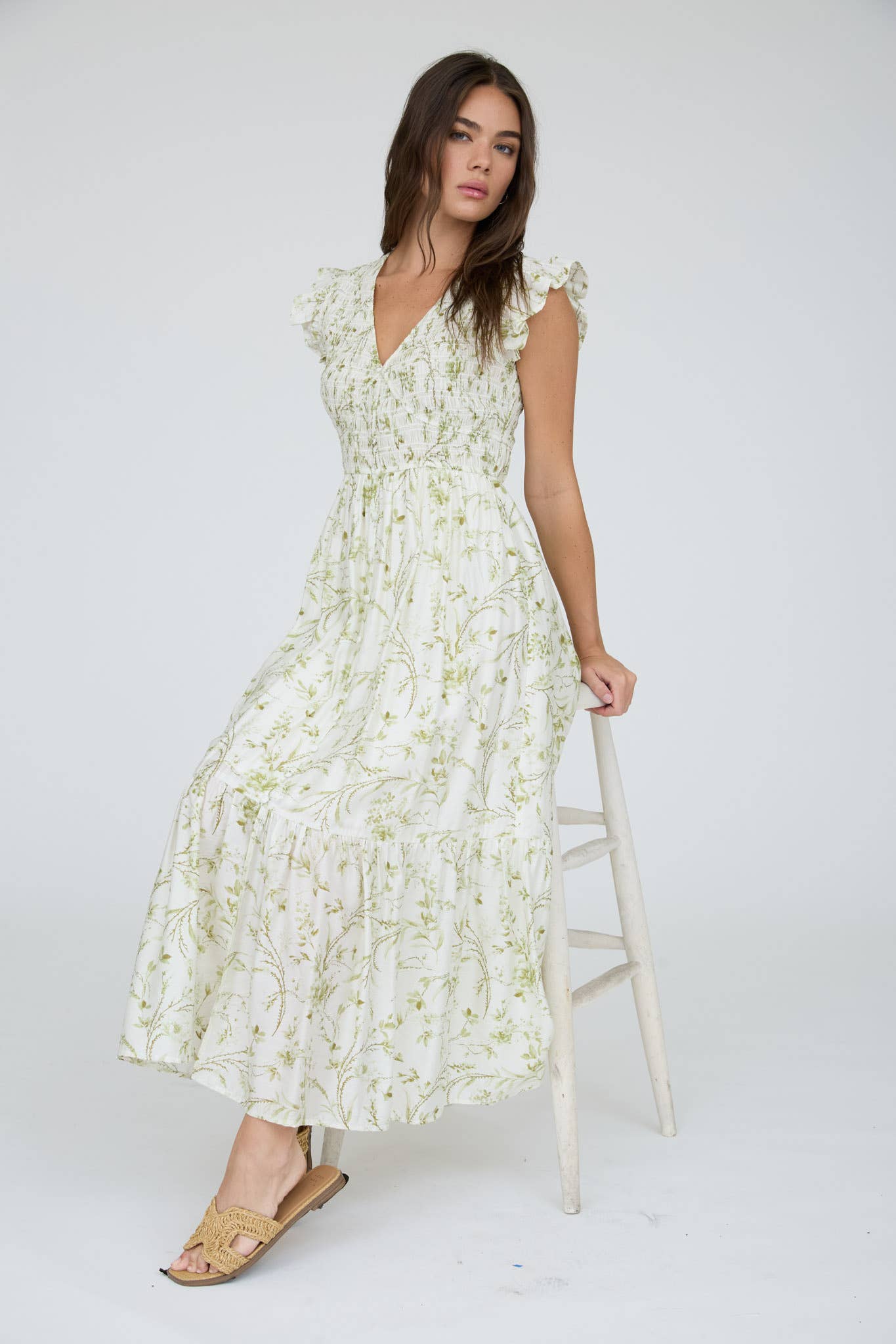 MINE - FLORAL SMOCKED V NECK BUTTON DOWN MIDI DRESS