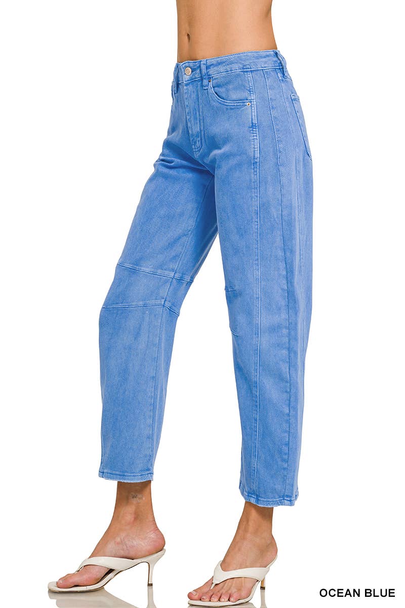 42POPS -  High Rise Barrel Leg Color Denim Pants - Zenana