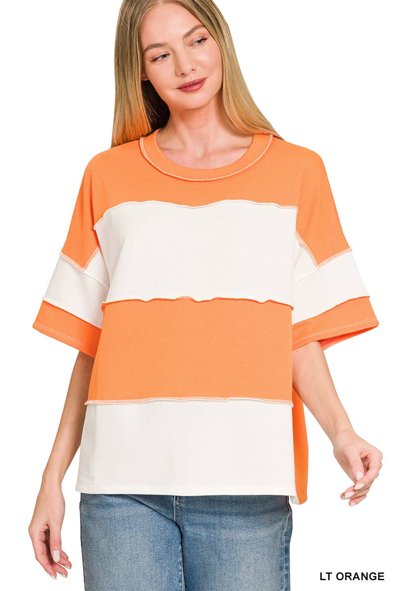 42POPS -  French Terry Color Block Exposed Seam Top - Zenana