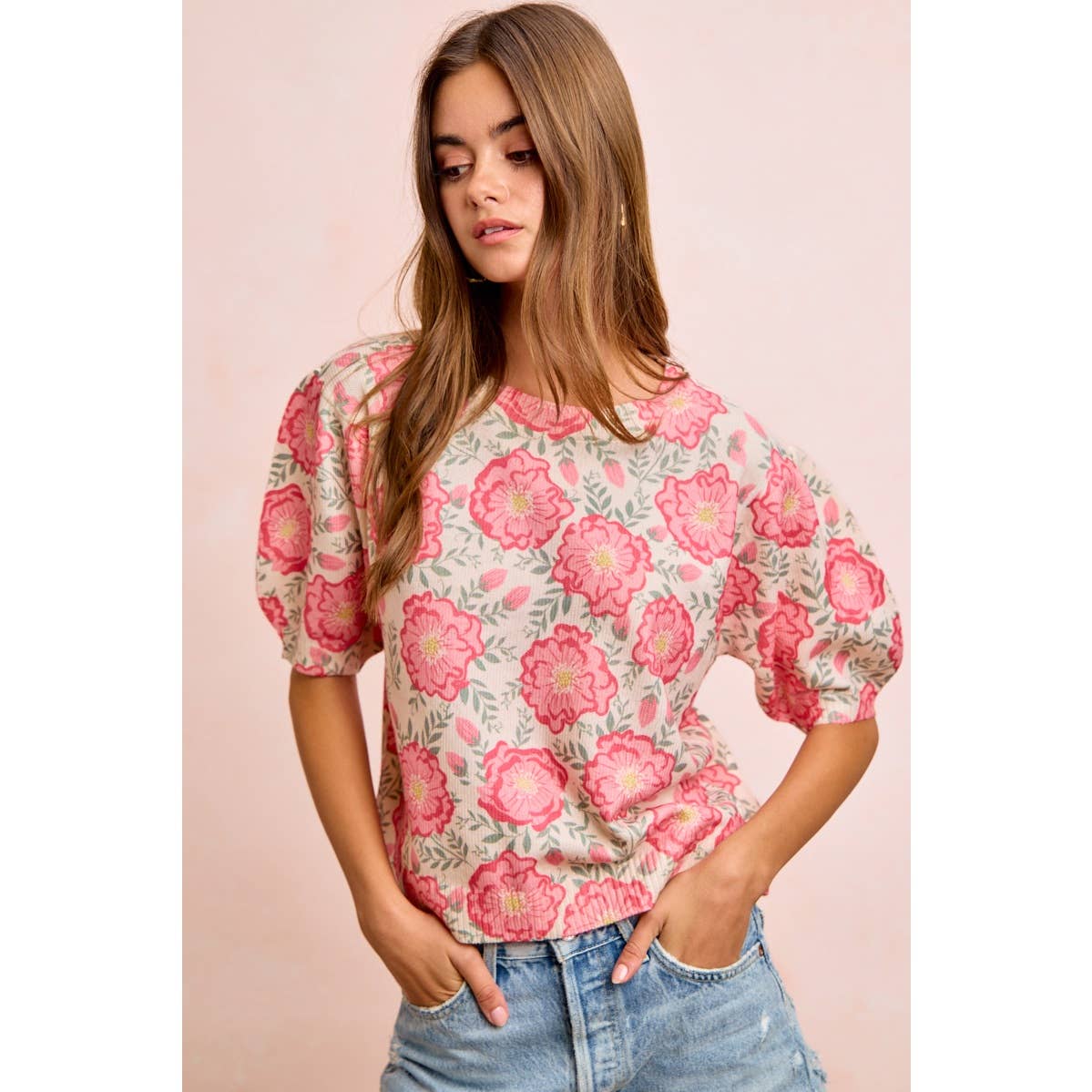 BiBi - FLOWER PRINTED PUFF SLEEVES KNIT TOP
