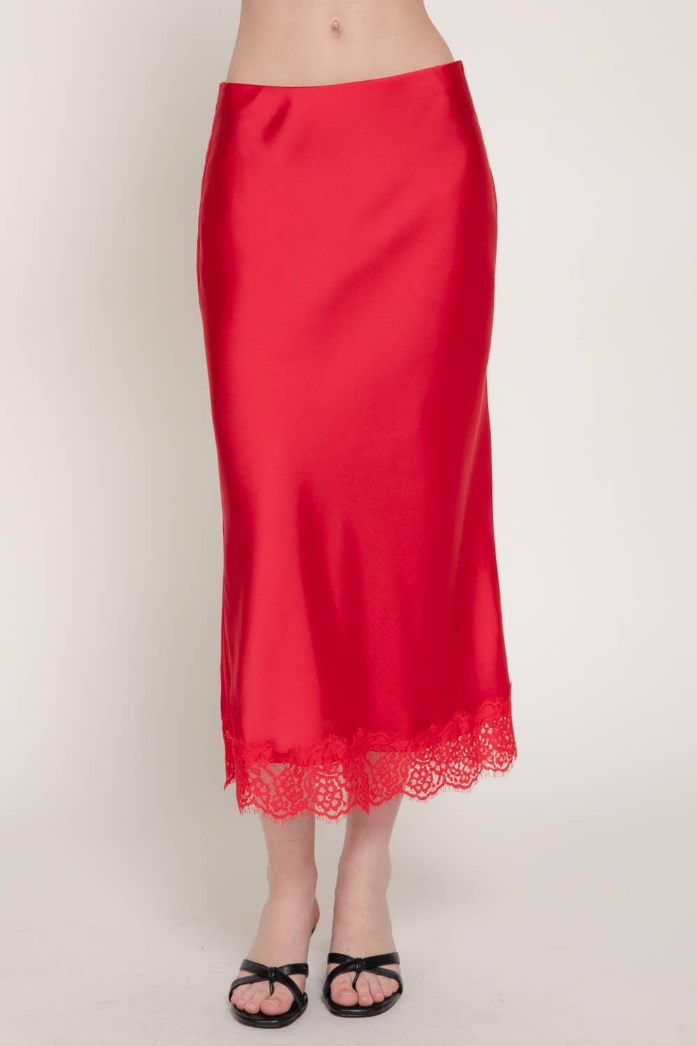 42POPS -  Mid-rise Lace Trim Satin Midi Skirt