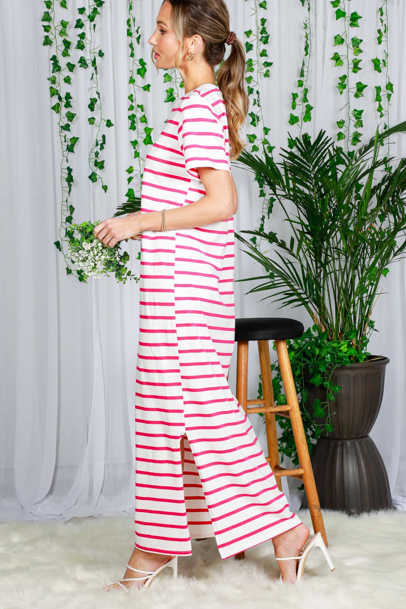 Vine & Love - Crew Neck Striped Cotton T-Shirt Maxi Dress VD82246