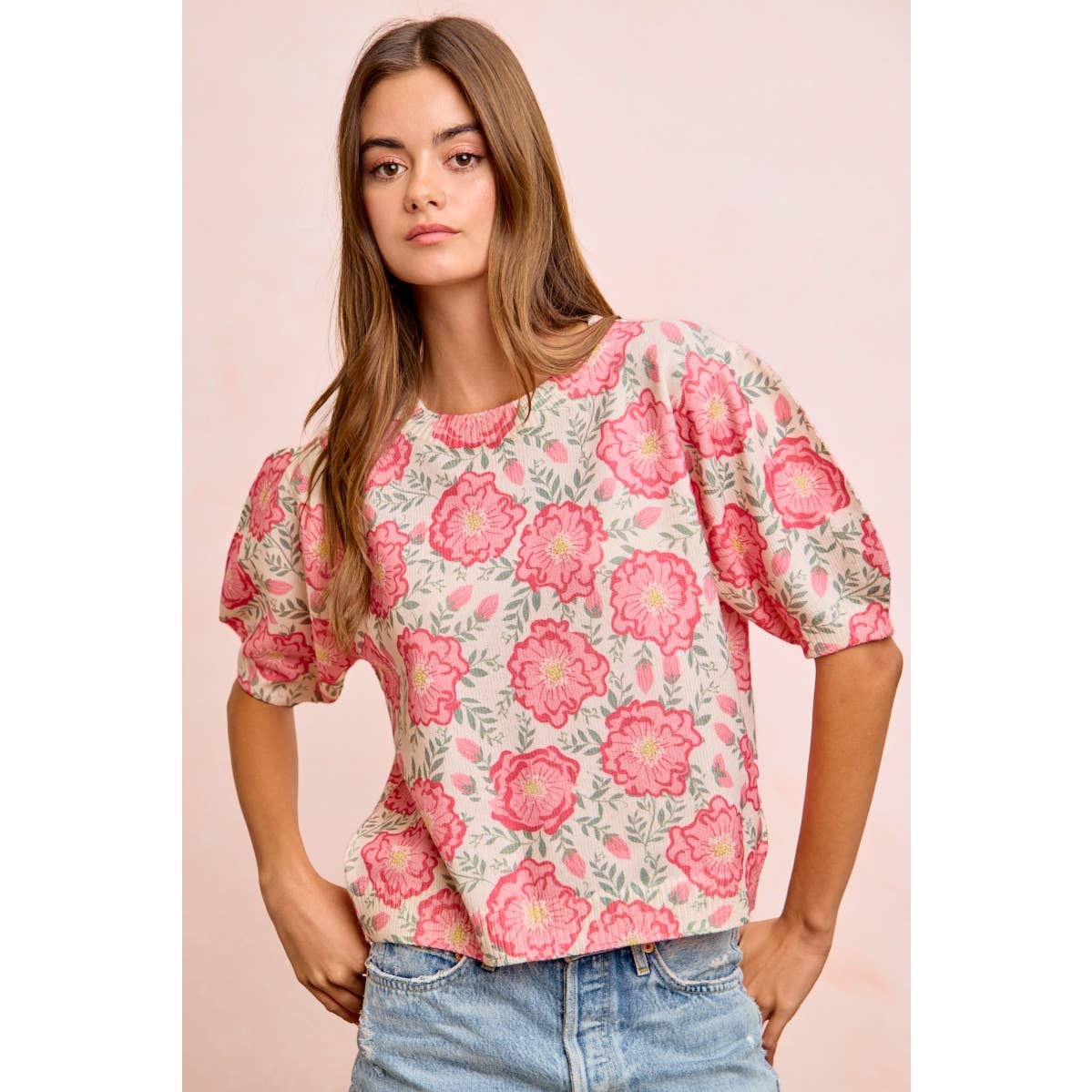 BiBi - FLOWER PRINTED PUFF SLEEVES KNIT TOP