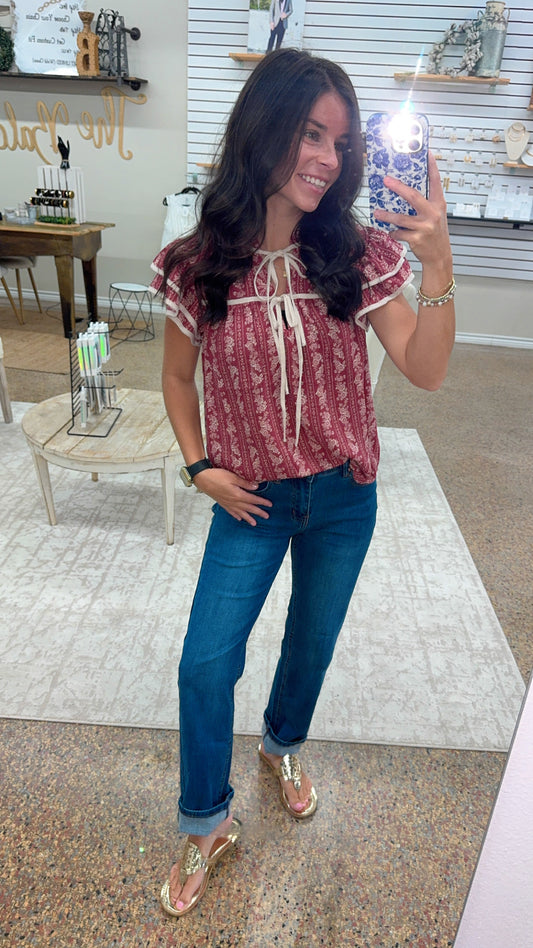TAKE A WALK STRIPE FLORAL PATTERN TIE FRONT RUFFLE TOP - BURGUNDY