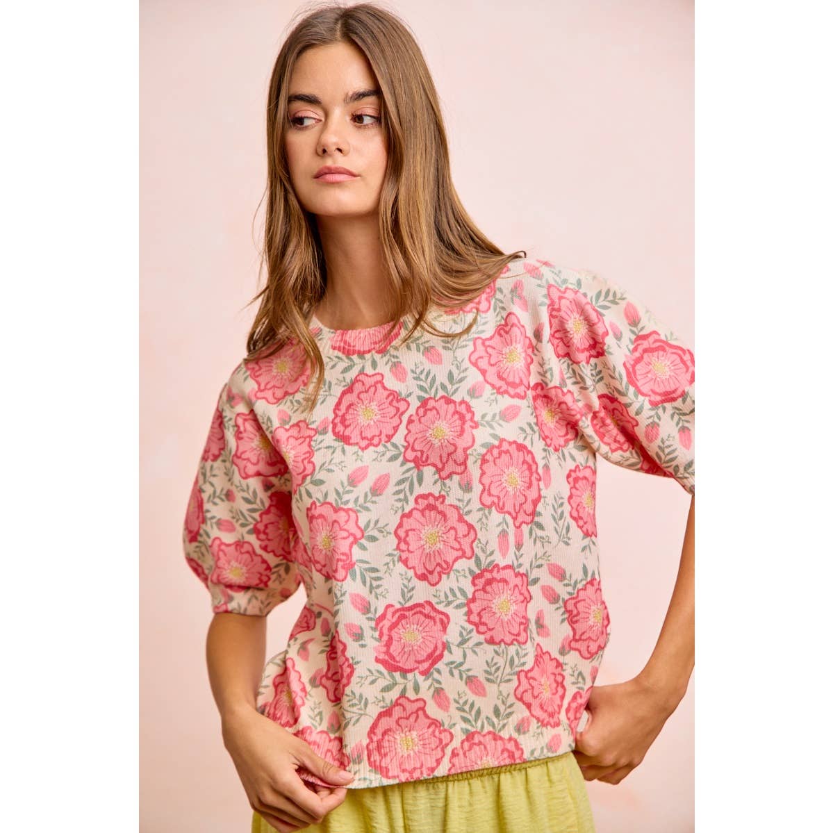 BiBi - FLOWER PRINTED PUFF SLEEVES KNIT TOP