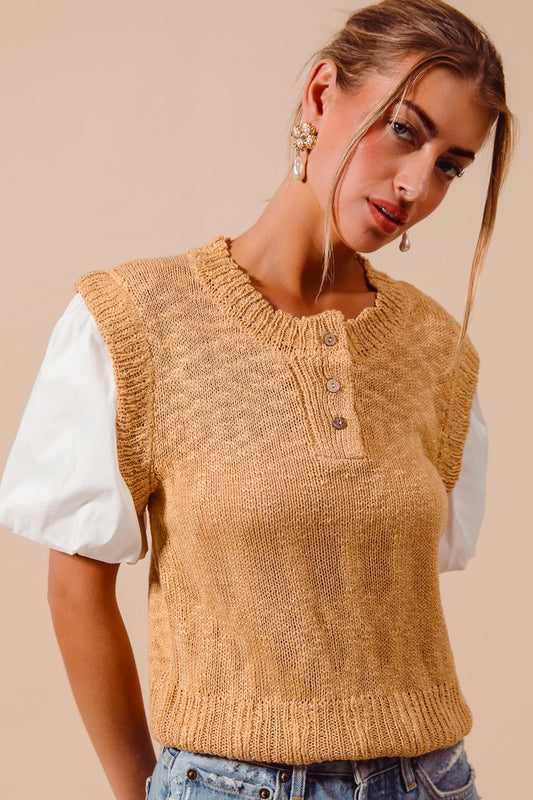 DEMS HALF BUTTON UP KNIT SWEATER TOP WITH WOVEN BUBBLE SLEEVES