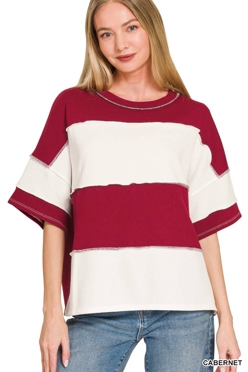 42POPS -  French Terry Color Block Exposed Seam Top - Zenana