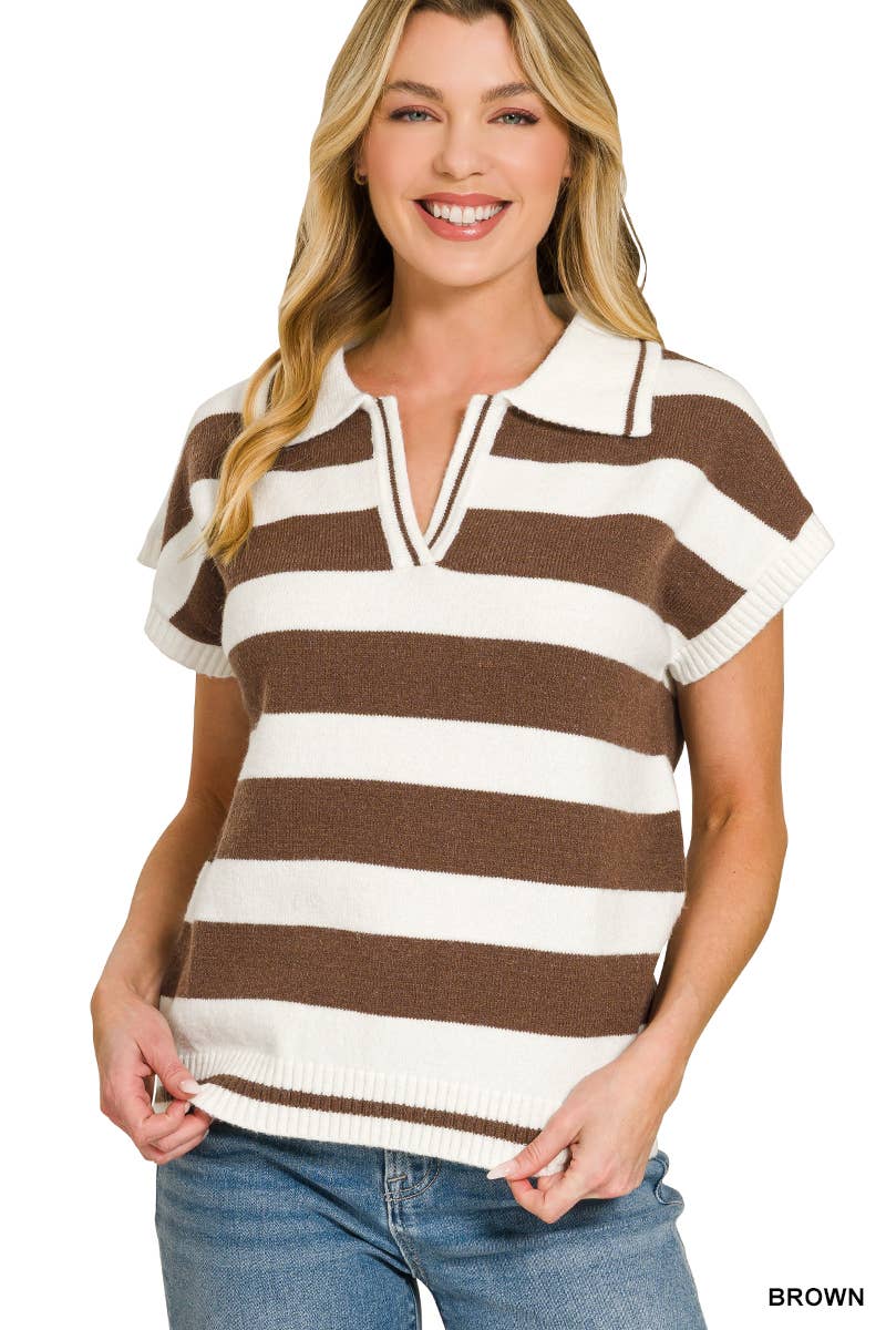 42POPS - `Striped Collared Short Sleeve Sweater  Zenana