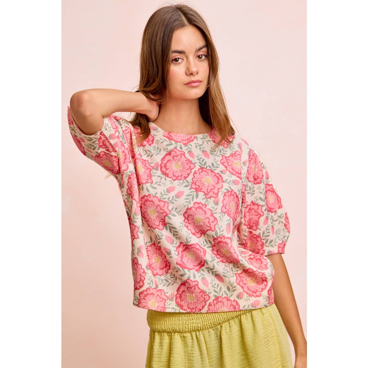 BiBi - FLOWER PRINTED PUFF SLEEVES KNIT TOP