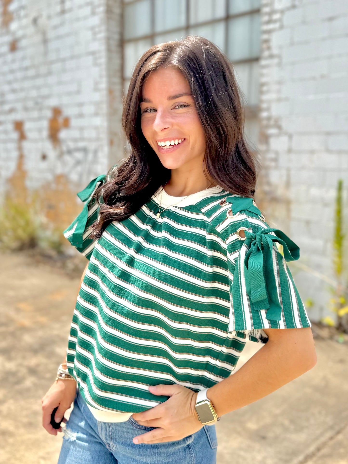 Downtown walks Lace Up Grommet Detail Striped Knit Top