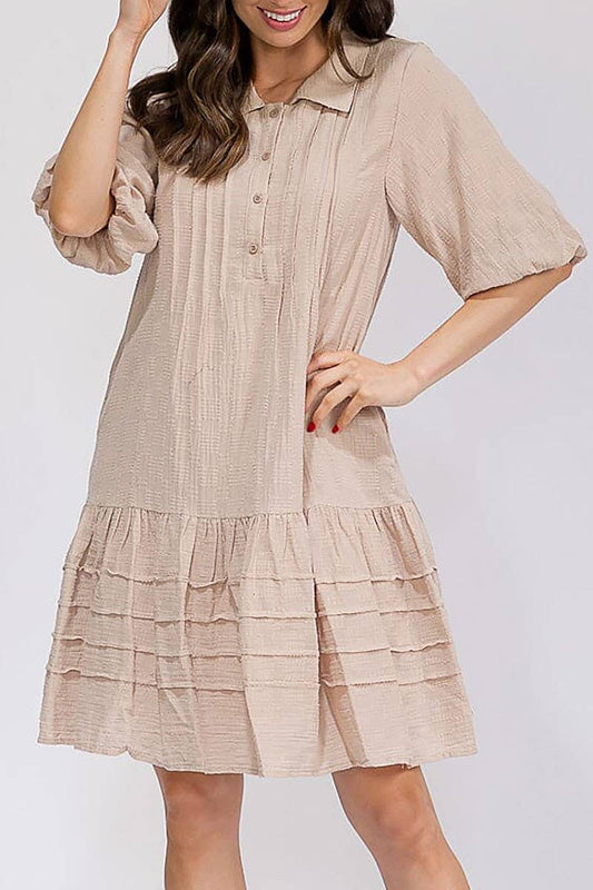 SPIN ME AROUND BUTTON UP DRESS WITH POCKETS -TAUPE