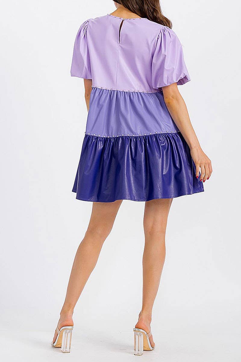 The color purple colorblock pleather dress with rhinestone detail