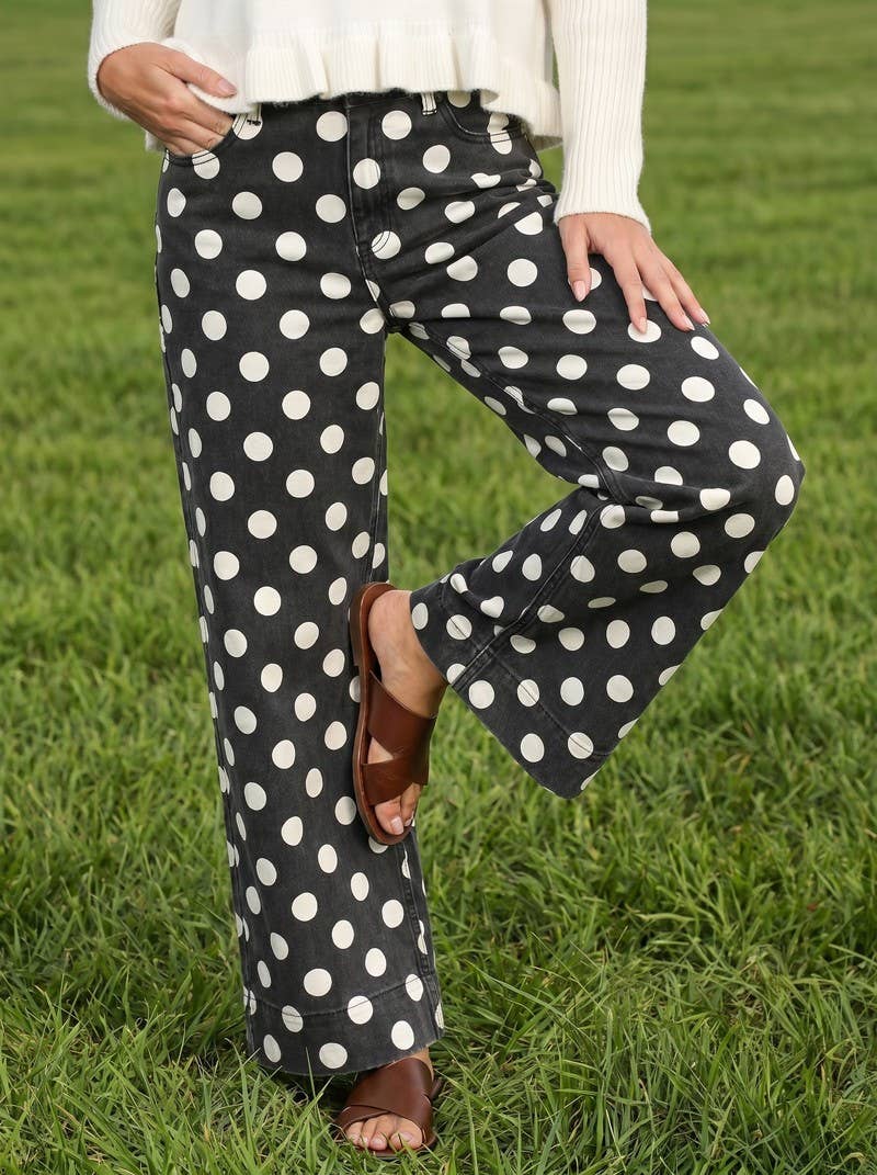 Vine & Love - Polka Dot Straight Leg Cotton Denim Span Pants VP83369B