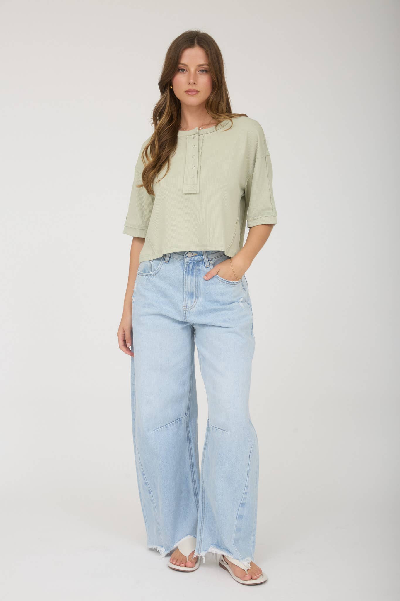 J.O.A - EXPOSED SEAM SHORT SLEEVE BOXY HENLEY KNIT TOP