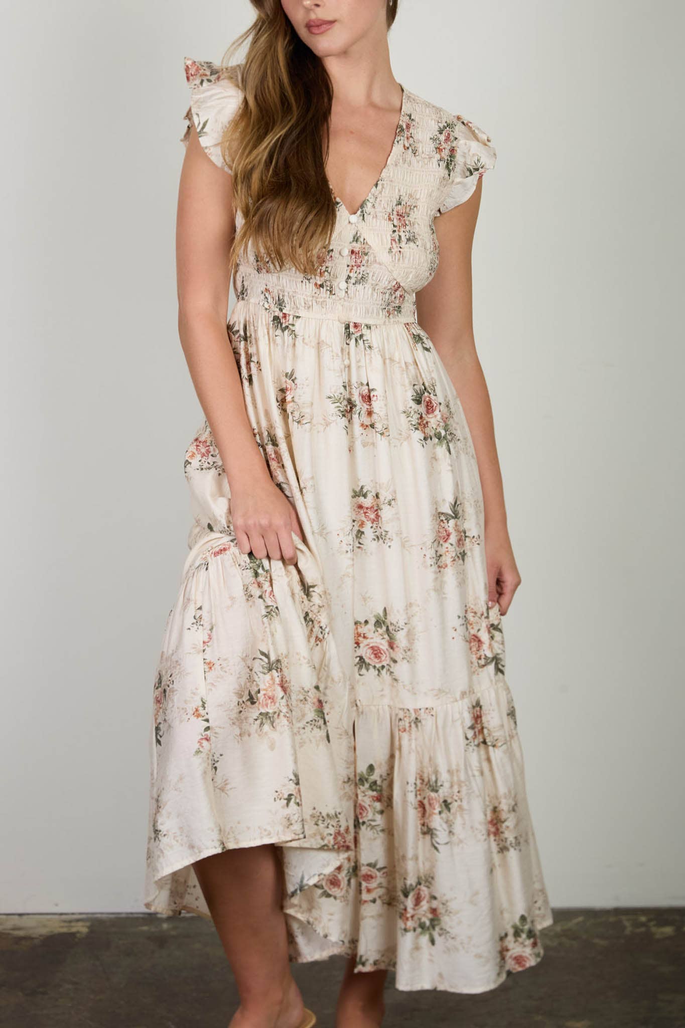 MINE - ROSE PRINT SMOCKED V NECK BUTTON DOWN MIDI DRESS