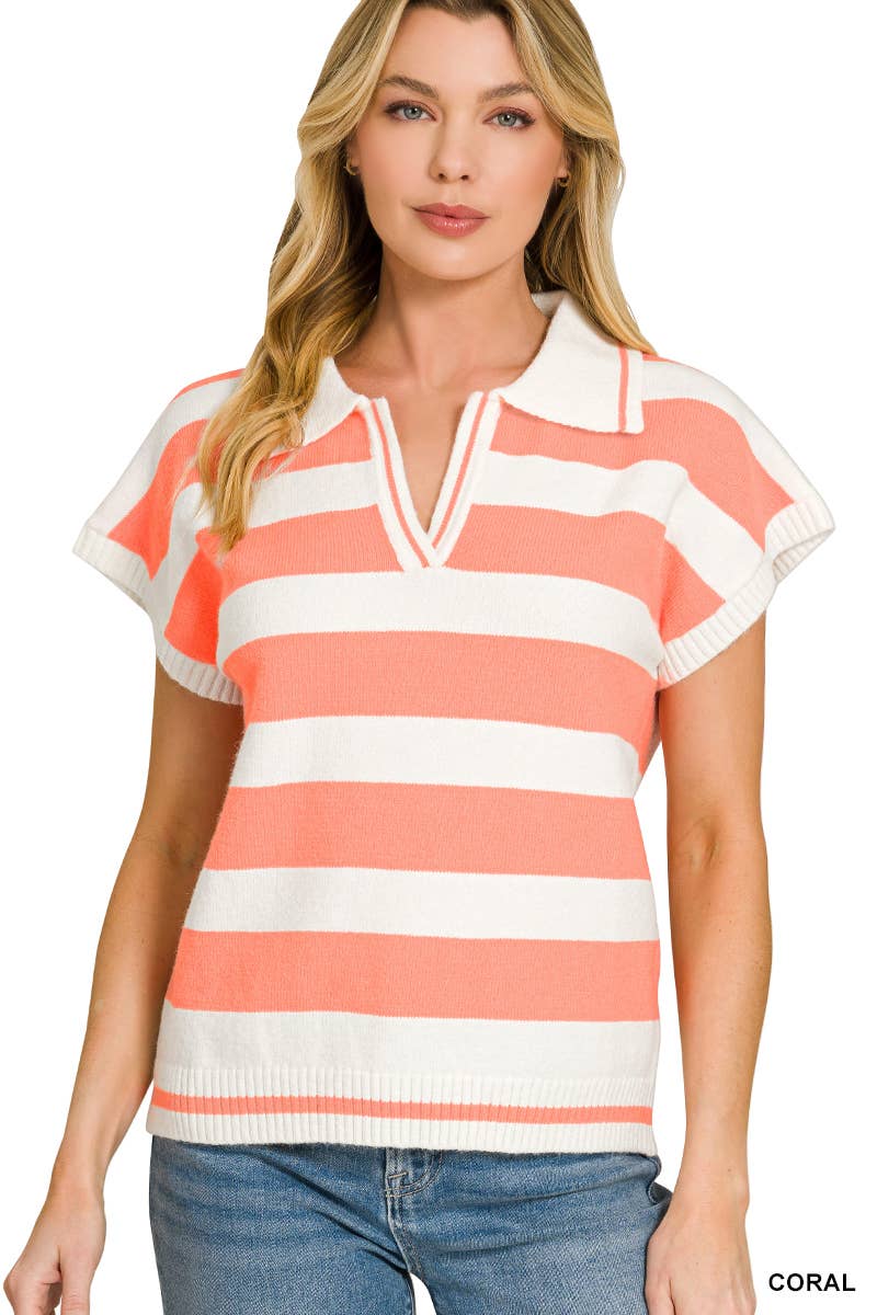42POPS - `Striped Collared Short Sleeve Sweater  Zenana