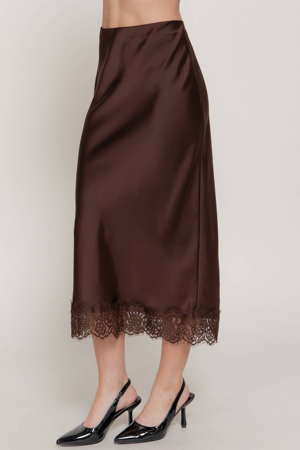 42POPS -  Mid-rise Lace Trim Satin Midi Skirt