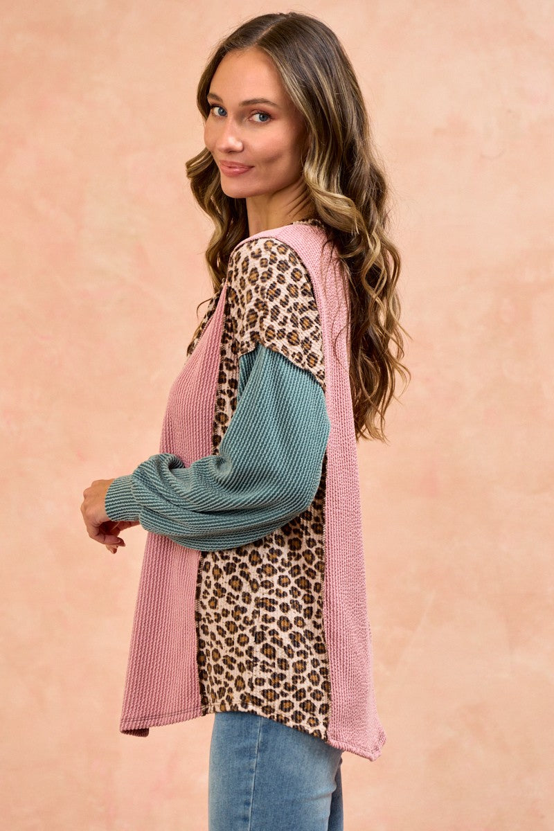 Stand By Me Animal Print Solid Rib Top