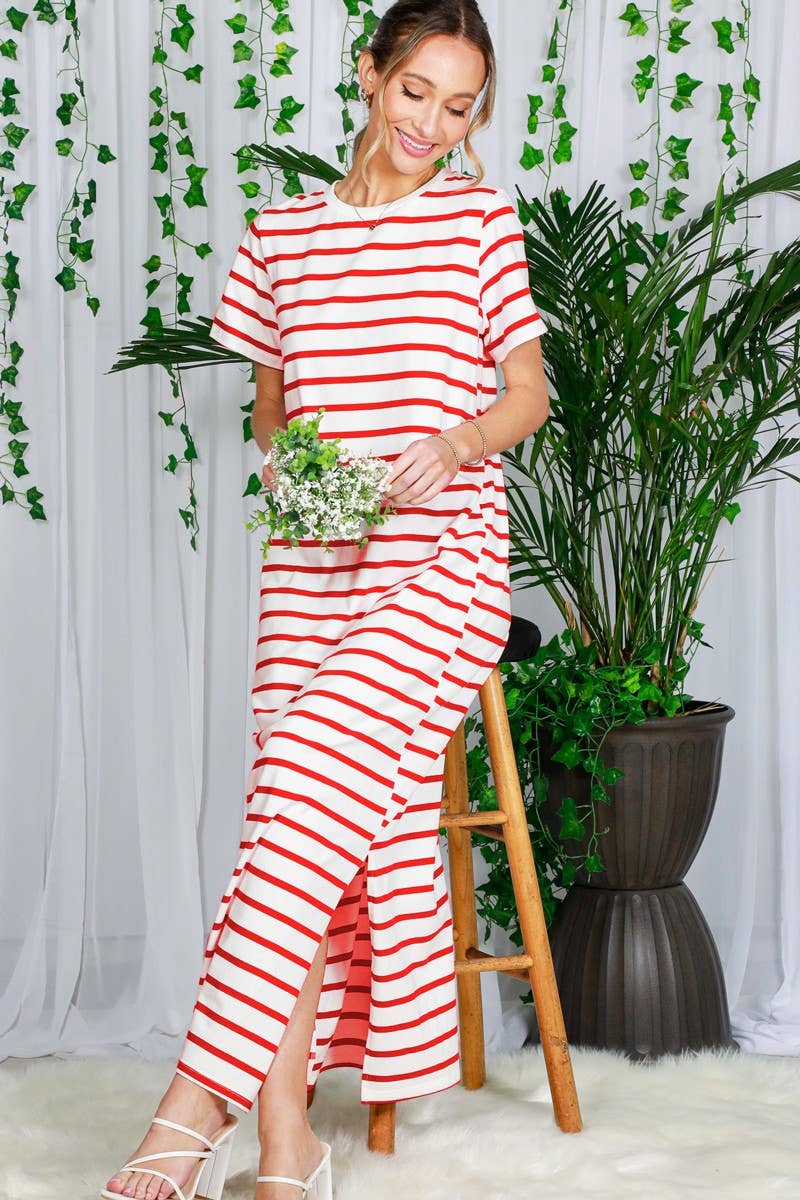 Vine & Love - Crew Neck Striped Cotton T-Shirt Maxi Dress VD82246