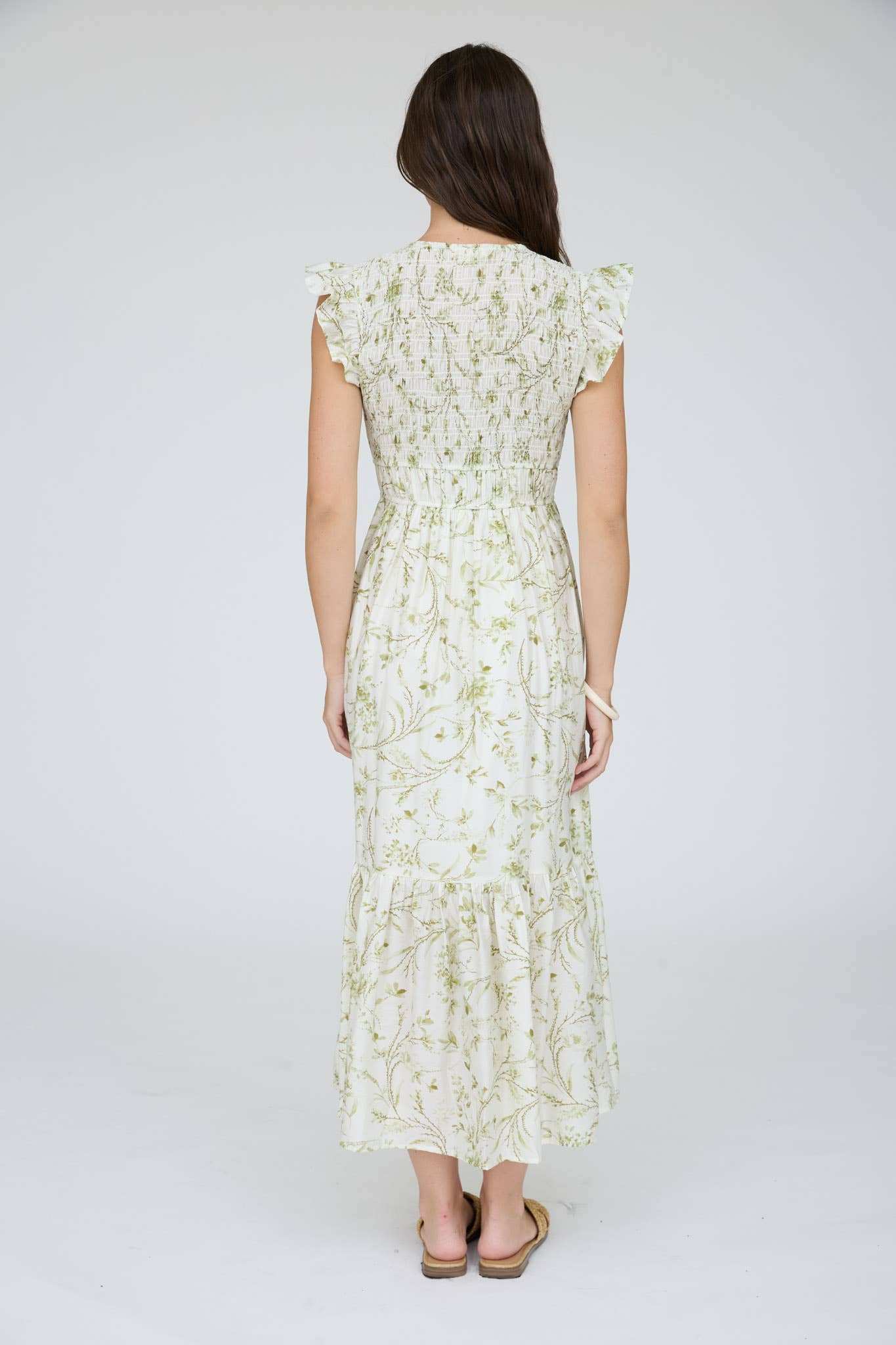 MINE - FLORAL SMOCKED V NECK BUTTON DOWN MIDI DRESS