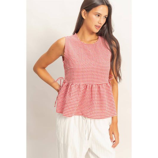 Red Gingham Sleeveless Peplum Top With Side Ties