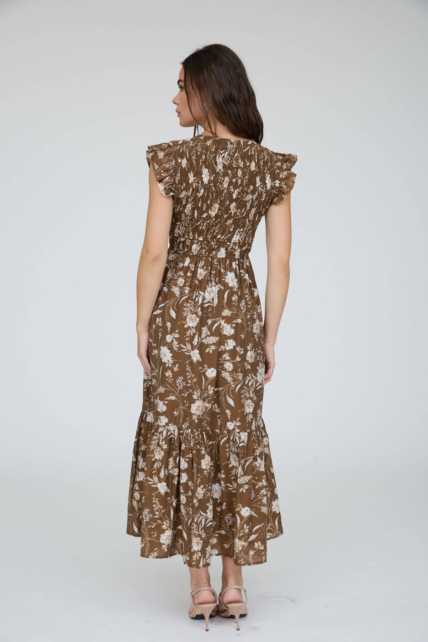 MINE - FLORAL SMOCKED V NECK BUTTON DOWN MIDI DRESS