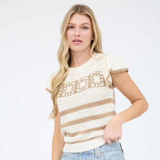 KAYLA - CROCHET STRIPE SHORT SLEEVE CROCHET KNIT TOP