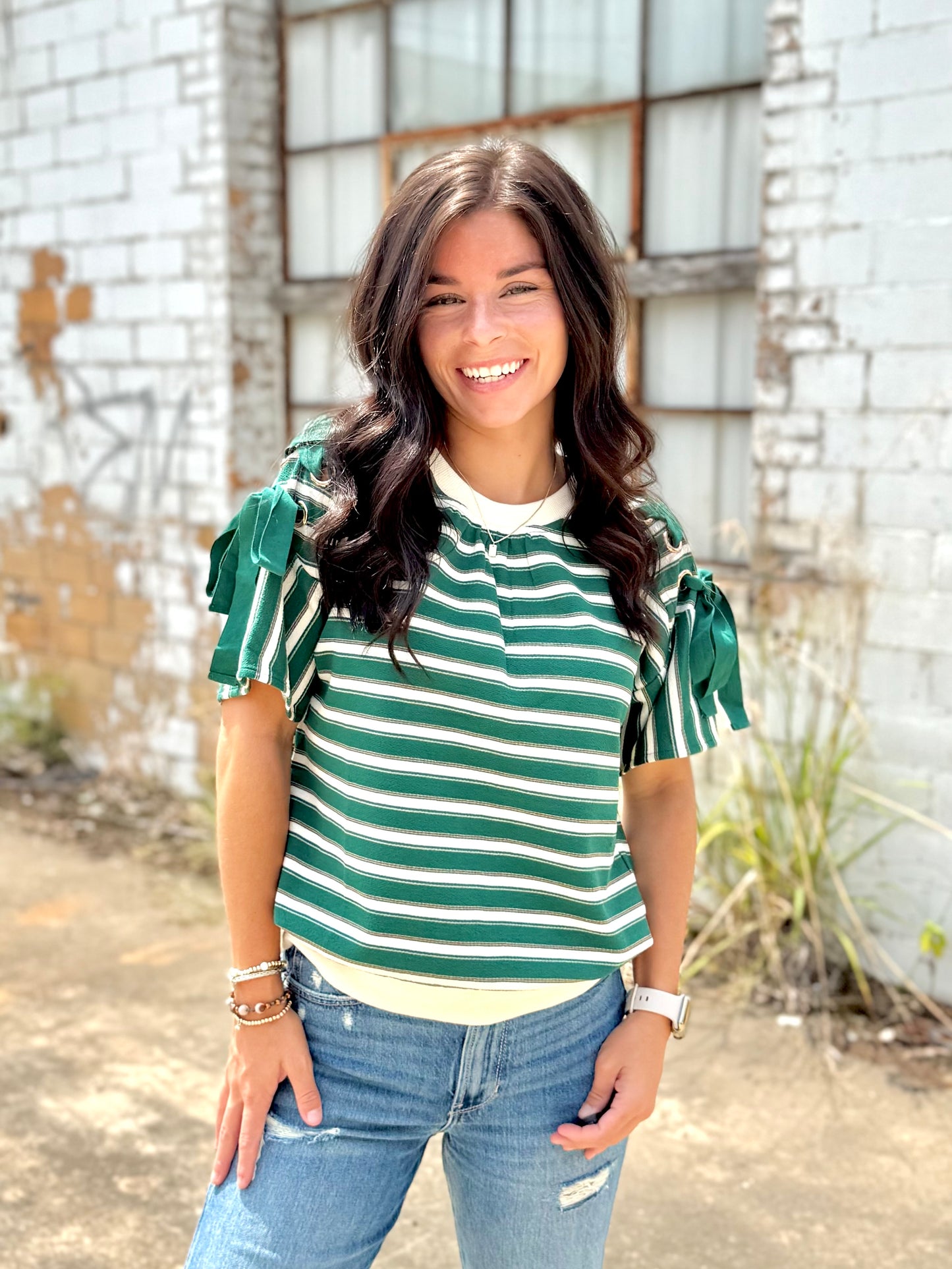Downtown walks Lace Up Grommet Detail Striped Knit Top