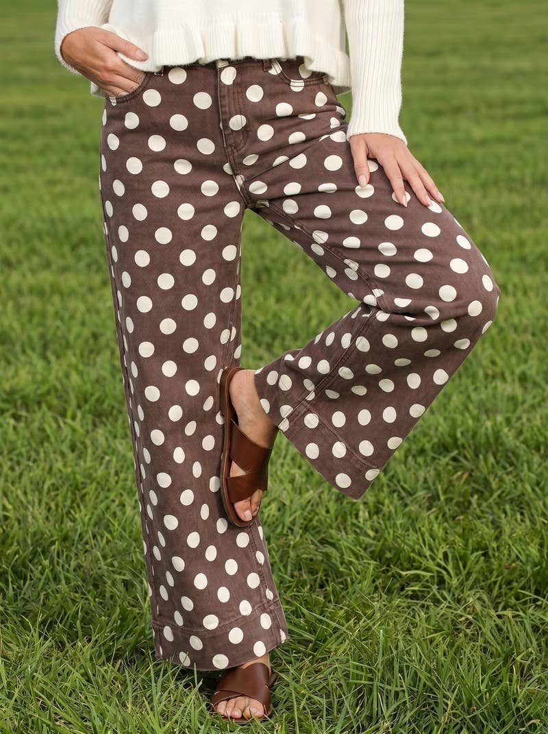 Vine & Love - Polka Dot Straight Leg Cotton Denim Span Pants VP83369B