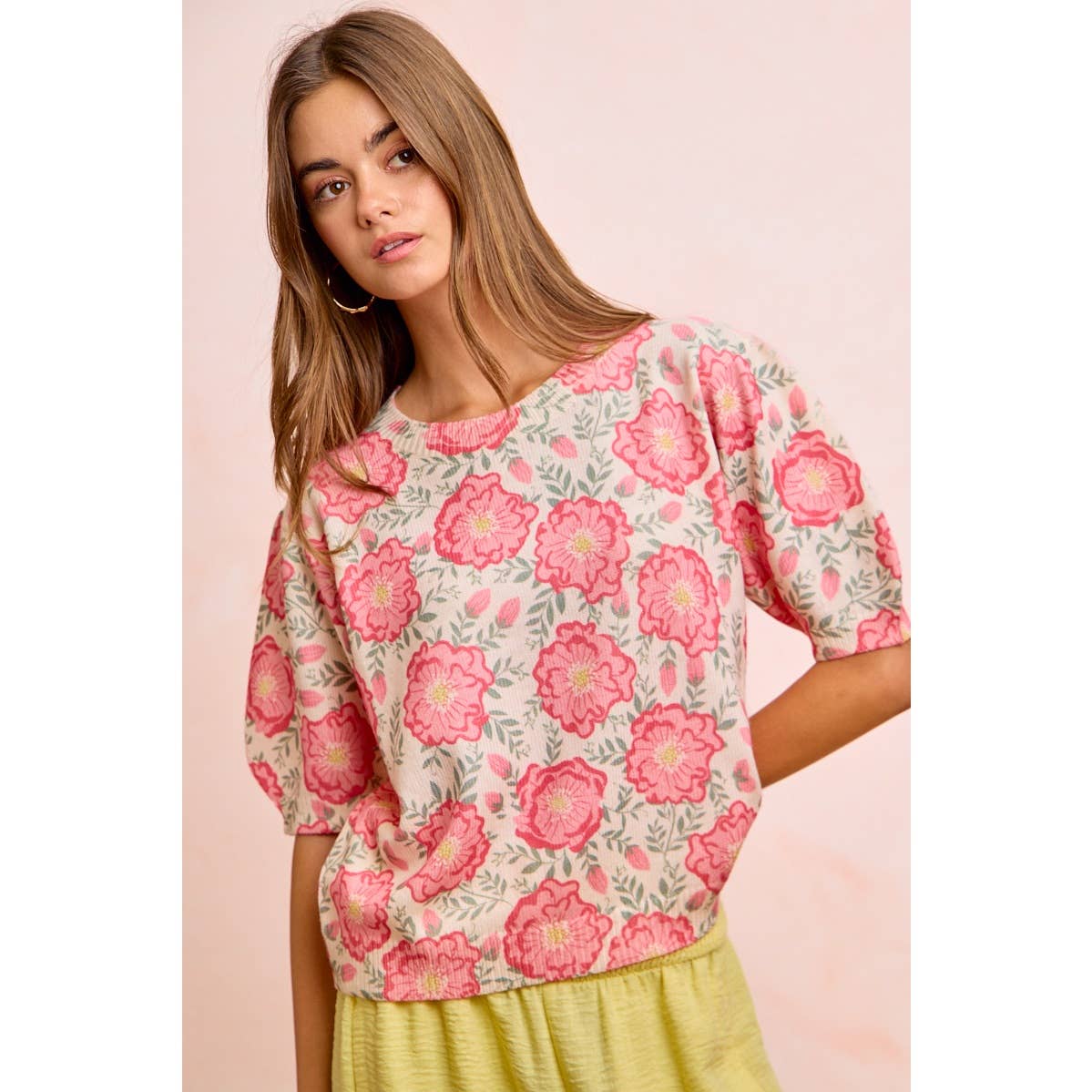 BiBi - FLOWER PRINTED PUFF SLEEVES KNIT TOP