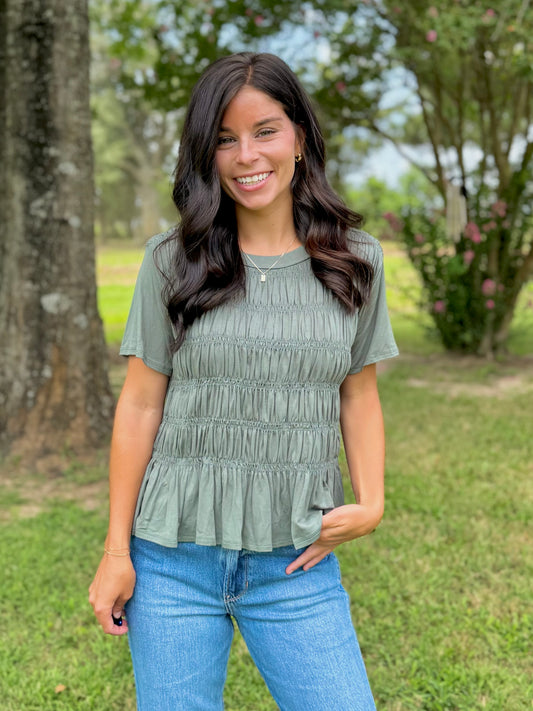 Watch me Solid Top with Smocked Detail - Olive