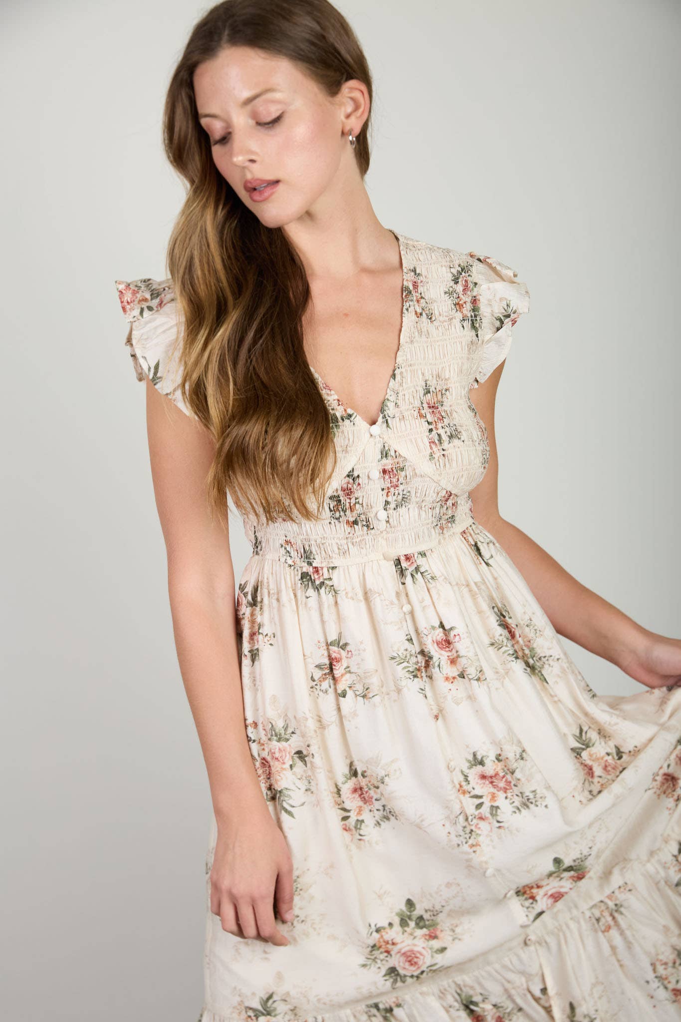 MINE - ROSE PRINT SMOCKED V NECK BUTTON DOWN MIDI DRESS