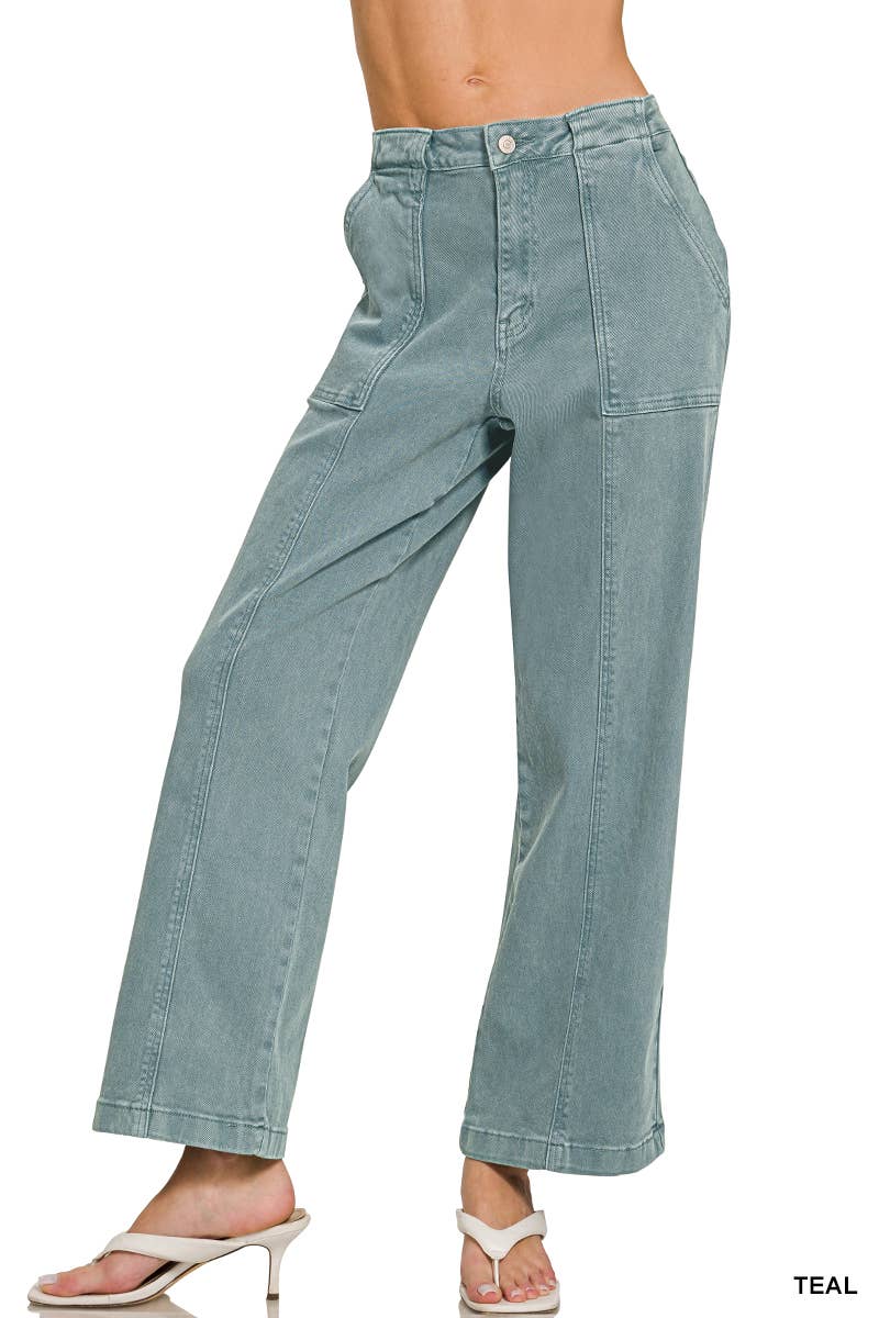 42POPS - Straight Leg Utility Pocket Color Denim Pants  Zenana
