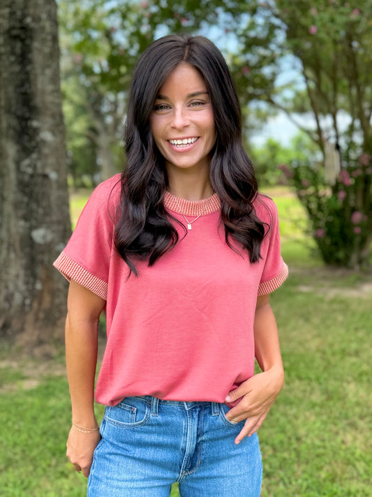 My Comfy Solid Top with Solid Ribbed Neck and Sleeve Detail