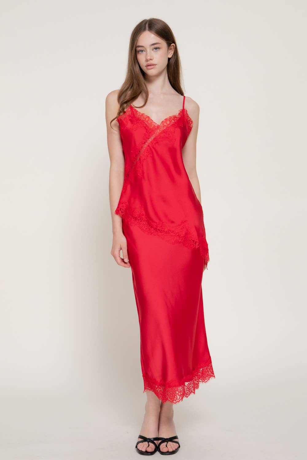 42POPS -  Mid-rise Lace Trim Satin Midi Skirt