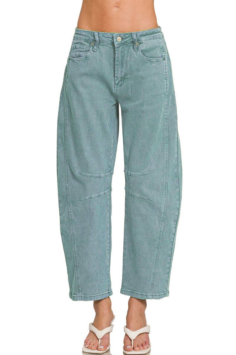 42POPS -  High Rise Barrel Leg Color Denim Pants - Zenana
