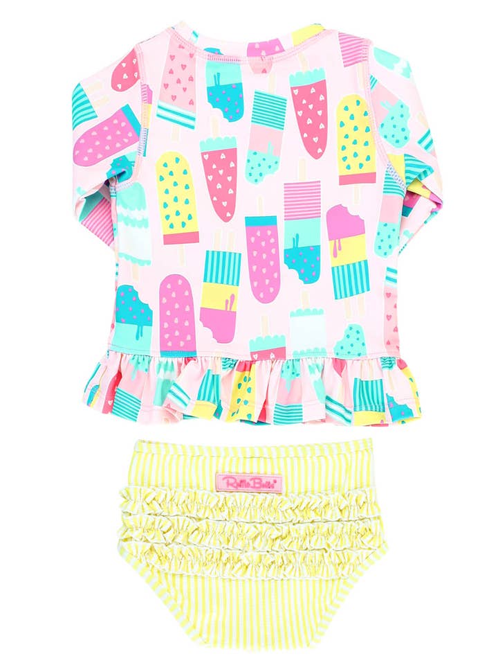 Girls Ice Cream Social Long Sleeve Ruffle Hem Rash Guard Bikini- Rufflebutts brand