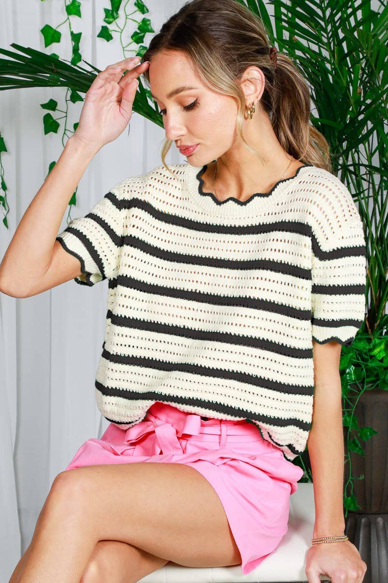 Vine & Love - Scallop Edge Crew Neck Striped Crochet Sweater Top VT82239