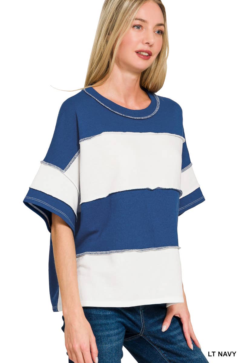 42POPS -  French Terry Color Block Exposed Seam Top - Zenana