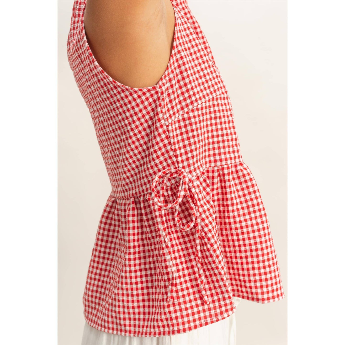 Red Gingham Sleeveless Peplum Top With Side Ties