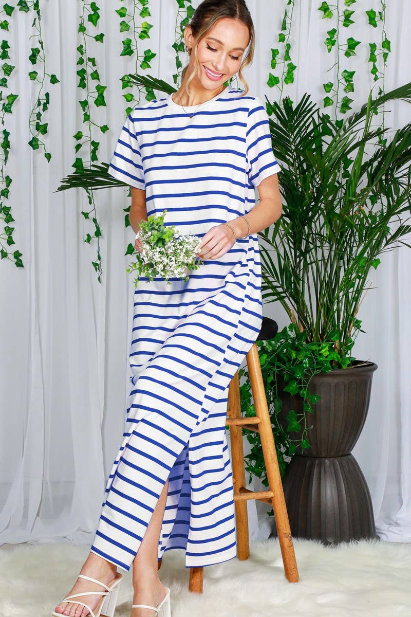 Vine & Love - Crew Neck Striped Cotton T-Shirt Maxi Dress VD82246