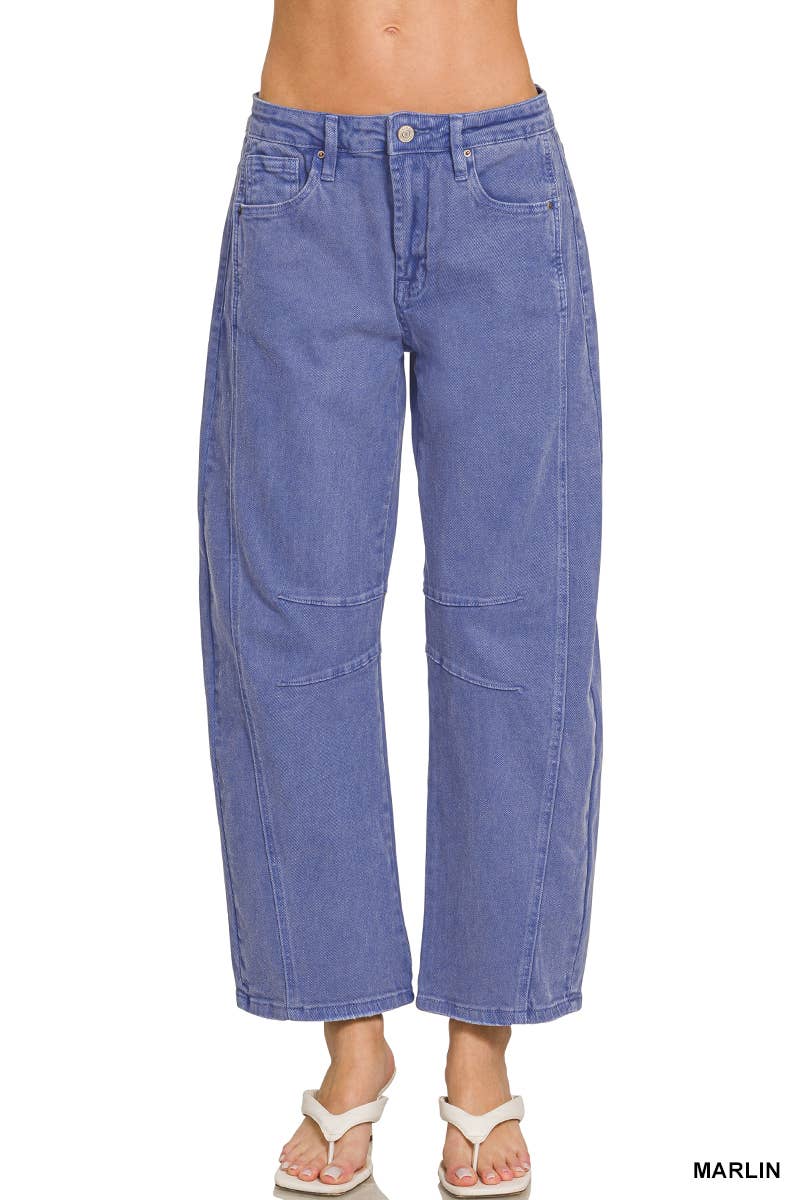 42POPS -  High Rise Barrel Leg Color Denim Pants - Zenana