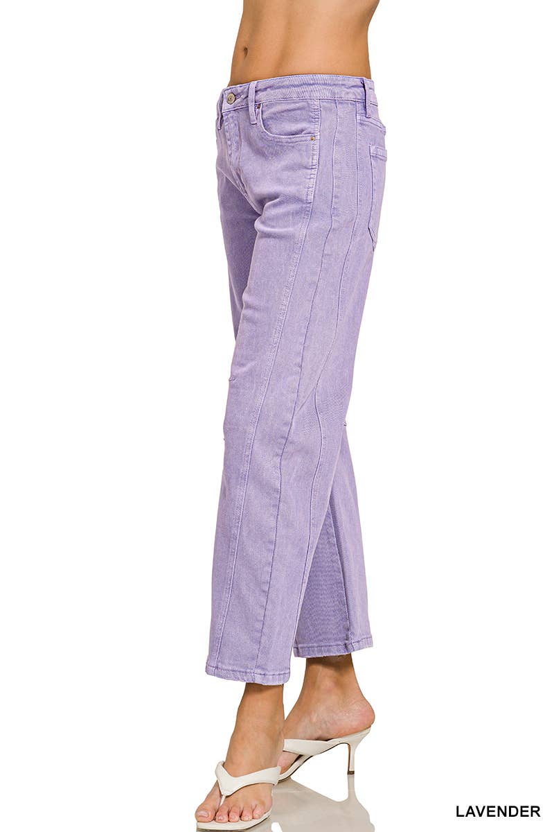 42POPS -  High Rise Barrel Leg Color Denim Pants - Zenana