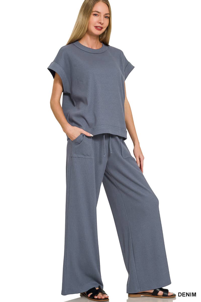 42POPS -  Ribbed Short Sleeve Tee & Pants 2PC Set - Zenana
