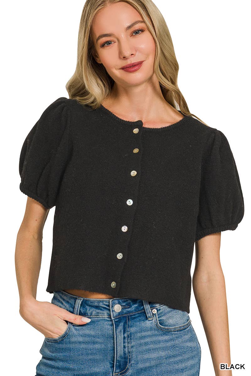 42POPS -  Puff Sleeve Cardigan Sweater - Zenana