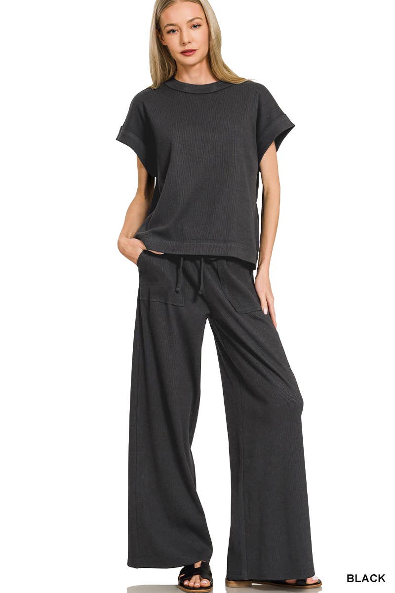 42POPS -  Ribbed Short Sleeve Tee & Pants 2PC Set - Zenana